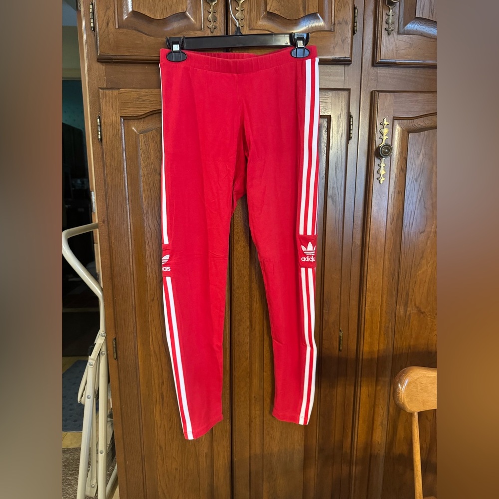 Adidas Women’s Red Track Pant Leggings with White Stripes and Trefoil Logo, M